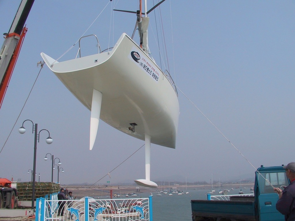 A Bakewell-White 36 swings over the water showing her easily driven lines typical of a yacht designed free of measurement rule constraint as the new AC yacht will be given that it is now a 